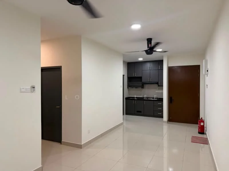 Room features: white painted walls, glossy tile flooring, ceiling fan, recessed downlights, black cabinetry, stainless-steel sink, built-in kitchen appliances, fire extinguisher, door with handle, open layout; style: modern.