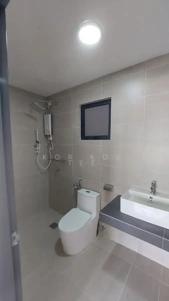 Bathroom features: white wall tiles, grey floor tiles, single-sink vanity with white cabinet, chrome basin mixer, one-piece toilet, shower with handheld showerhead, window for natural light, recessed ceiling light; style: modern.