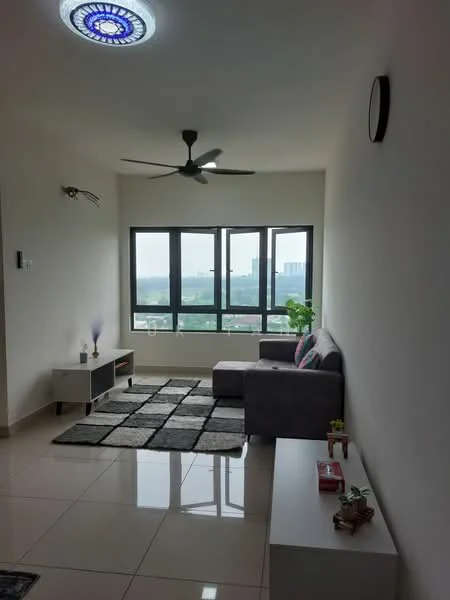 Living features: grey fabric L-shape sectional sofa, black coffee table, area rug with geometric pattern, floor-to-ceiling windows, 5-blade ceiling fan with light, wall-mounted light fixture, decorative wall clock, potted houseplants, white painted walls, glossy tile flooring; style: modern; view: city.