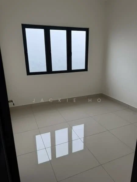 Room features: white painted walls, glossy ceramic tile flooring, three rectangular windows, black window frames, no visible furniture or decor, neutral color scheme, natural light from windows; style: modern; view: city.
