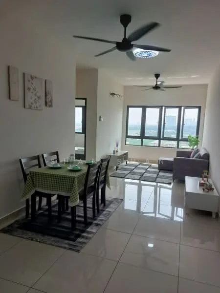 Dining features: 4-seater dining table with green checkered tablecloth, black dining chairs, area rug with geometric pattern, wall-mounted decor, recessed downlights; style: modern; view: city. Living features: sofa in grey, coffee table, TV console, wall-mounted TV, 2 ceiling fans, large windows with city view, decorative plant; style: modern; view: city.