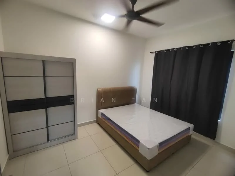Bedroom features: queen-size bed, upholstered headboard, built-in wardrobe with sliding doors, blackout curtains, ceiling fan, tile flooring, white painted walls, recessed ceiling lights; style: modern.