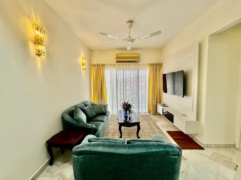 Living features: 3-seater fabric sofa in teal, coffee table, wall-mounted TV, TV console, area rug, ceiling fan with light, recessed downlights, floor-to-ceiling windows, sheer curtains, yellow drapes, marble flooring, decorative wall sconces; style: modern; view: city.