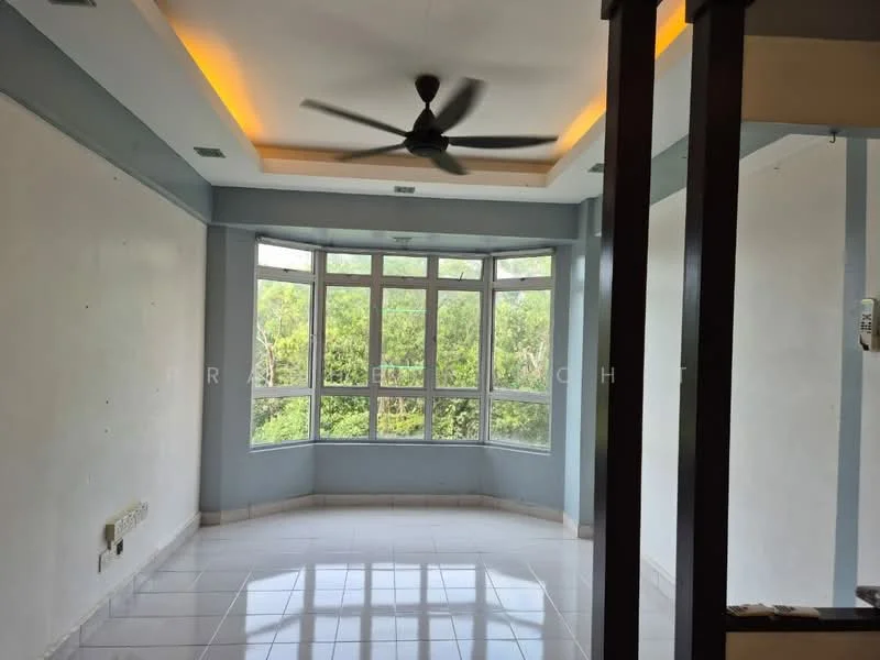 Room features: white painted walls, tray ceiling with recessed lighting, large bay windows, floor-to-ceiling windows, glossy white tile flooring, ceiling fan, greenery view outside; style: modern; view: garden.