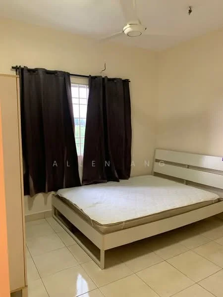 Bedroom features: single bed frame, mattress, ceiling fan, floor-to-ceiling window, blackout curtains, cream painted walls, glossy tile flooring, built-in wardrobe.
