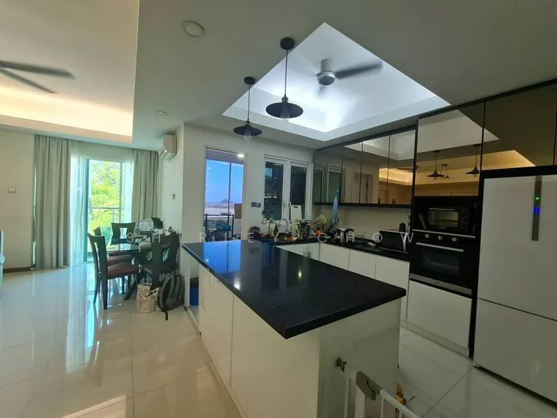 Kitchen features: black granite countertop, white cabinetry, stainless-steel built-in oven, stainless-steel microwave, stainless-steel fridge, 4-burner gas hob, black pendant lights, recessed ceiling lights, double-bowl stainless-steel sink, chrome pull-down faucet, floor-to-ceiling windows, sliding glass door, white tiled flooring, ceiling fan; style: modern; view: garden. Dining features: 6-seater dining table, upholstered dining chairs; style: modern; view: garden.