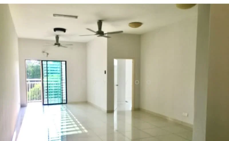 Living features: white painted walls, glossy tile flooring, 2 ceiling fans, sliding glass door, floor-to-ceiling windows, natural light, balcony access, neutral color scheme; style: modern; view: garden.