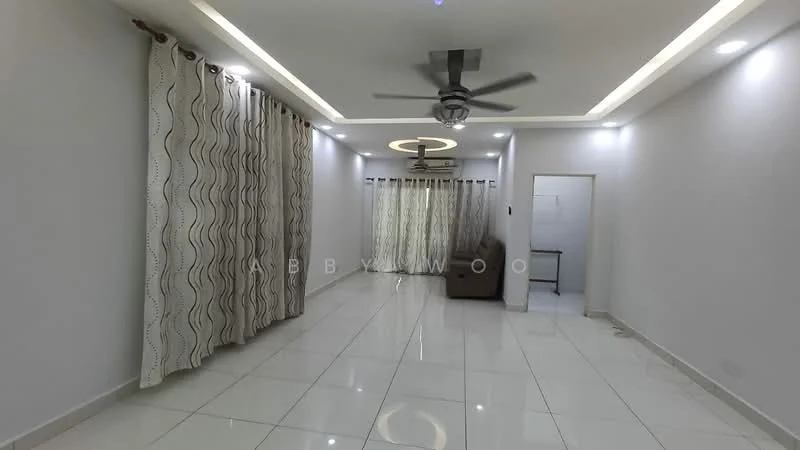 Living features: white painted walls, glossy ceramic tile flooring, 5-blade ceiling fan with light, recessed LED downlights, sofa in brown, floor-to-ceiling curtains with wave pattern, decorative ceiling with circular feature, open layout; style: modern.