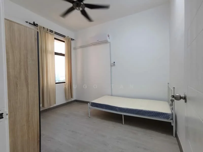 Bedroom features: single bed frame, mattress, light wood door, floor-to-ceiling window, sheer curtains, wall-mounted split AC, light grey laminate flooring, white painted walls, ceiling fan; style: modern; view: city.