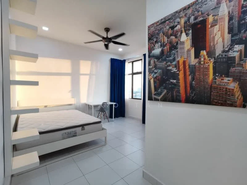 Bedroom features: queen-size bed frame, mattress, 5-blade ceiling fan, white painted walls, white tiled flooring, floor-to-ceiling window, blue curtains, decorative wall art with city skyline, built-in shelving unit; style: modern; view: city.