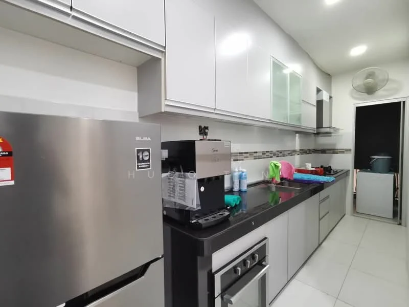 Kitchen features: grey cabinetry, black countertop, stainless-steel fridge, built-in oven, 4-burner gas hob, kitchen sink, wall-mounted split AC, ceramic tile flooring, recessed downlights, glass-front upper cabinets, decorative backsplash, coffee machine, dishwashing area, kitchen utensils on countertop; style: modern.