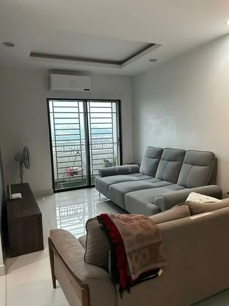 Living features: grey fabric sectional sofa, 2-seater beige sofa, wooden TV console, wall-mounted TV, white painted walls, recessed ceiling with lighting, sliding glass door, floor-to-ceiling windows, white tiled flooring, 1 wall-mounted split AC, ceiling fan, decorative throw blanket; style: modern; view: city.