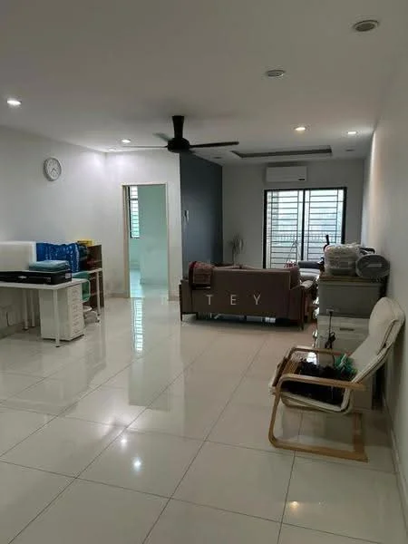 Living features: white painted walls, polished ceramic tile flooring, 5-blade ceiling fan with light, wall-mounted clock, sofa in brown, coffee table, TV console, window with blinds, open layout, decorative wall with dark paint; style: modern. Room features: white painted walls, polished ceramic tile flooring, doorway leading to another room, window with natural light.