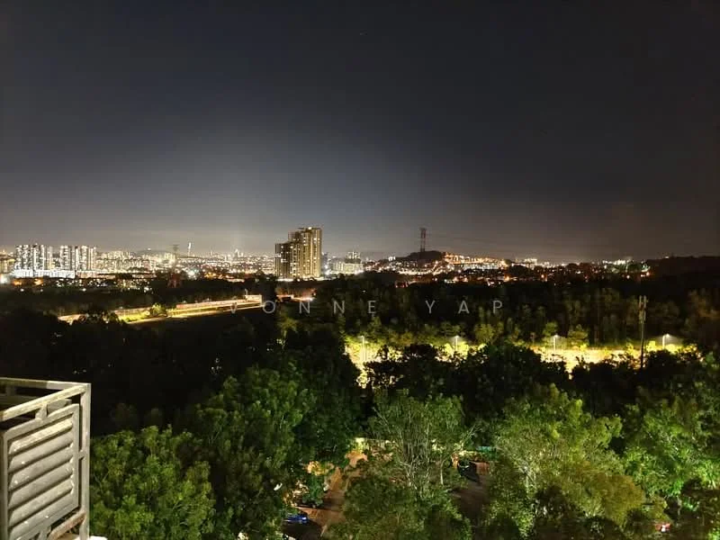 Exterior type: high-rise condominium; features: city skyline view, night lighting, surrounded by greenery, urban landscape, visible roadways, distant buildings, hills in background; style: modern.