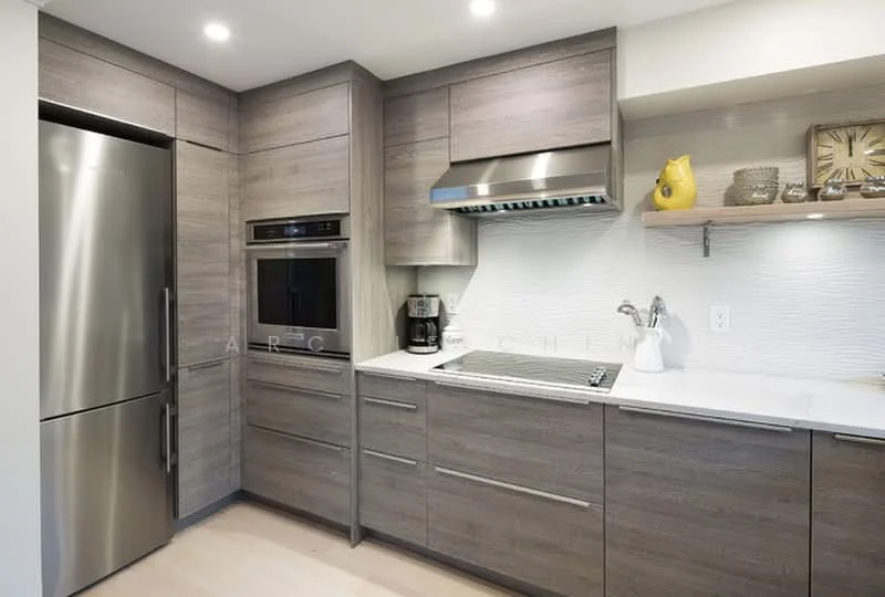 Kitchen features: stainless-steel fridge, built-in oven, stainless-steel range hood, white quartz countertop, grey wood cabinetry, open shelving, sink with chrome faucet, textured white backsplash, recessed LED downlights; style: modern.