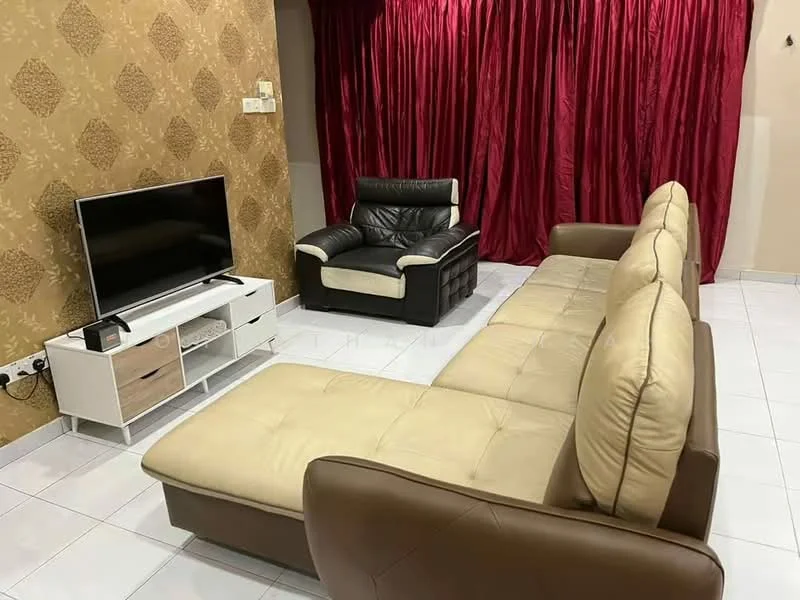 Living features: L-shape sectional sofa in beige and brown, black leather armchair, white TV console with drawers, wall-mounted flat-screen TV, cream tiled flooring, gold patterned wallpaper, red curtain drapes, recessed lighting; style: modern.