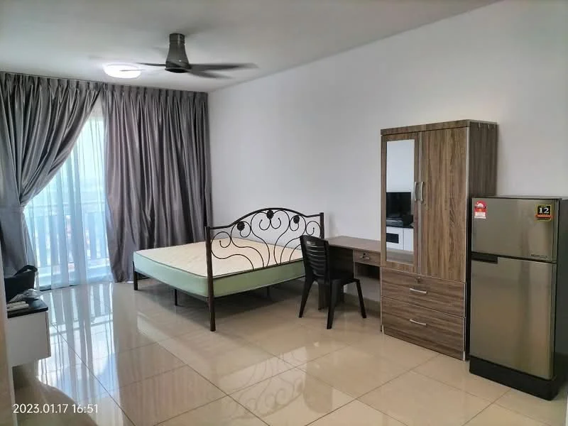 Room features: queen-size bed frame without mattress, grey curtains, floor-to-ceiling window, white painted walls, glossy tile flooring, ceiling fan, wooden wardrobe with mirror, black study chair, wooden desk, stainless-steel fridge, TV on desk; style: modern.