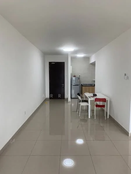 Room features: white painted walls, glossy ceramic tile flooring, recessed ceiling lights, open layout, kitchen area visible, dining table with four chairs, stainless-steel fridge, wood cabinetry, countertop, neutral color scheme; style: modern.