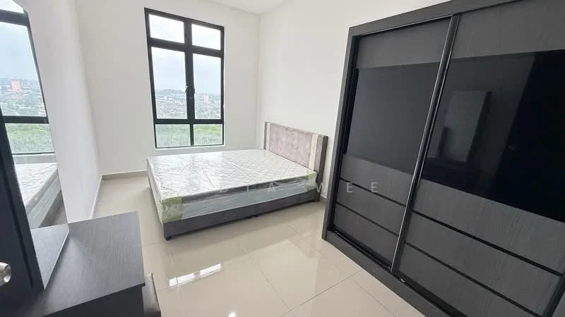 Bedroom features: queen-size bed, mattress with protective cover, black wardrobe with sliding doors, large window with city view, white painted walls, glossy tile flooring, nightstand, minimalist decor; style: modern; view: city.