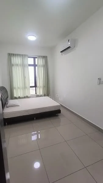 Bedroom features: single bed frame, mattress, floor-to-ceiling window, sheer curtains, wall-mounted split AC, light fixture in ceiling, cream painted walls, glossy tile flooring; style: modern; view: city.