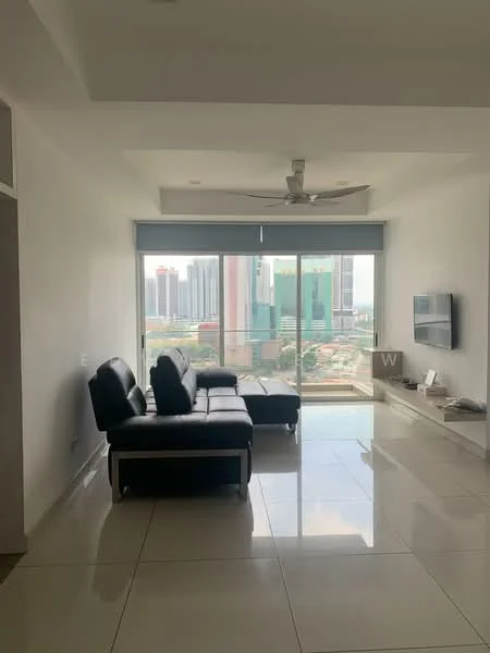 Living features: 3-seater black leather sofa, L-shape sectional sofa, floor-to-ceiling windows, city view, white painted walls, polished ceramic tile flooring, 5-blade ceiling fan with light, wall-mounted TV, TV console, decorative wall shelf, natural light from windows; style: modern; view: city.