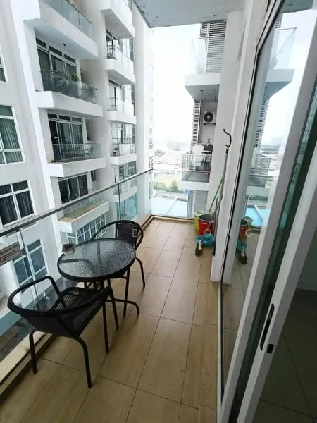 Room features: glass balcony railing, tiled flooring, outdoor dining table for two, black metal chairs, cleaning cart, view of surrounding buildings, access to indoor space through sliding glass door; style: modern; view: city.