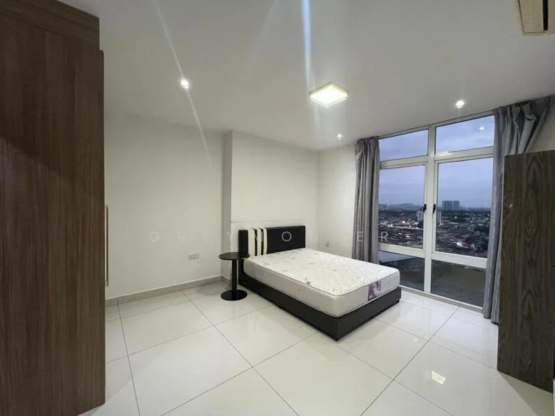 Bedroom features: white painted walls, glossy tile flooring, floor-to-ceiling windows, grey curtains, queen-size bed frame without mattress, side table, built-in wardrobe, recessed downlights, 1 wall-mounted split AC; style: modern; view: city.