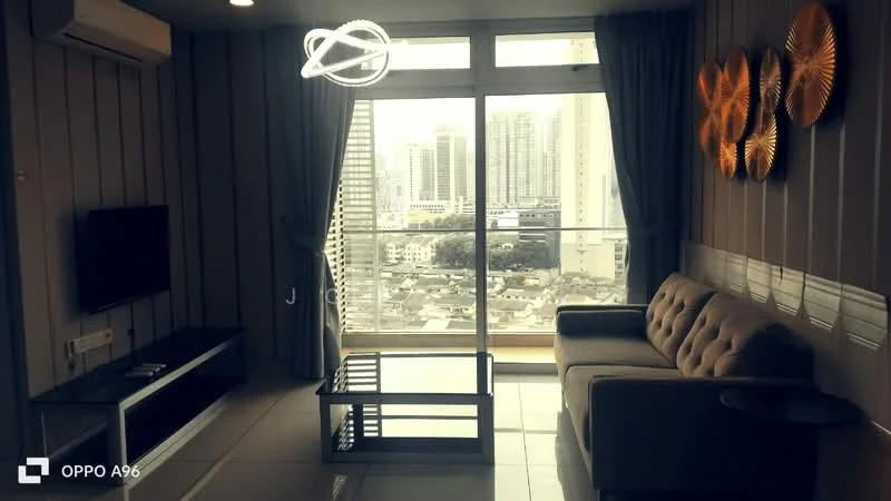 Living features: grey fabric 3-seater sofa, coffee table, wall-mounted TV, TV console, floor-to-ceiling windows, curtains, chandelier light fixture, decorative wall art, tile flooring, air conditioning unit; style: modern; view: city.