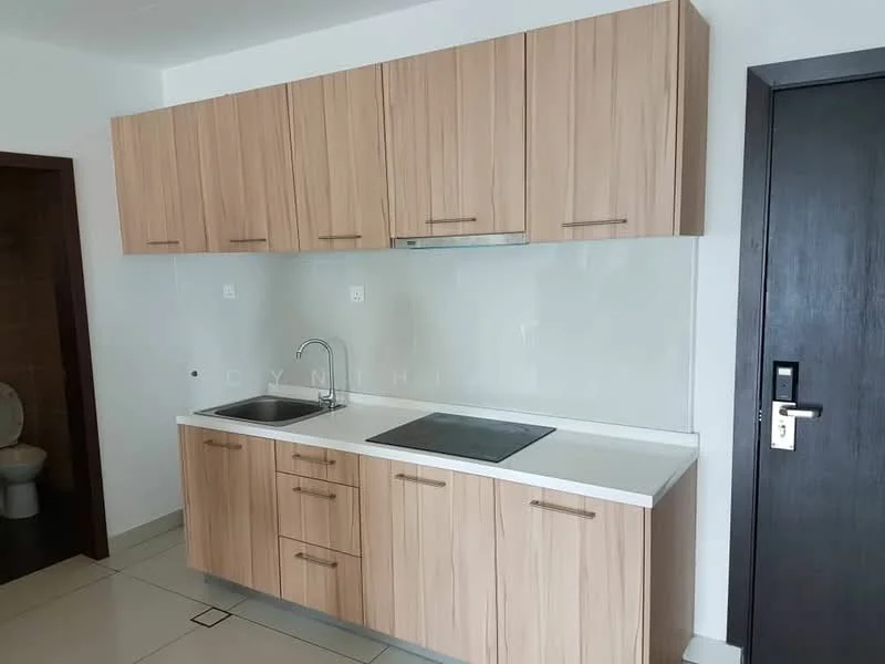 Kitchen features: laminate cabinetry in light wood finish, white quartz countertop, single-bowl stainless-steel sink, chrome pull-down faucet, built-in stove with two burners, glass splashback, tile flooring, recessed downlights; style: modern. Room features: toilet visible in background.
