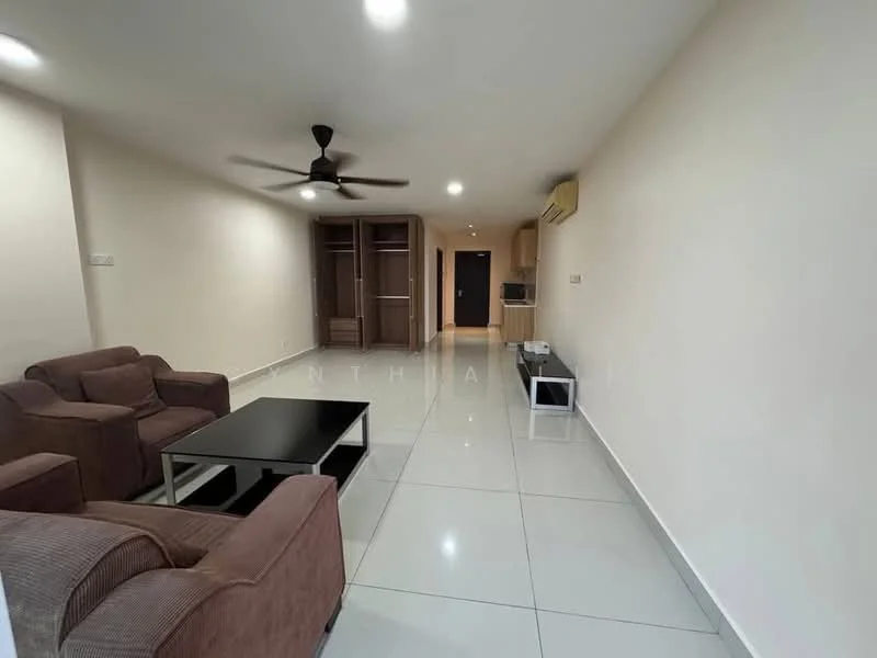 Living features: 3-seater fabric sofa in brown, 2-seater fabric sofa in brown, black coffee table, white tiled flooring, ceiling fan, wall-mounted air conditioning unit, built-in wardrobe, recessed lighting, neutral painted walls; style: modern.