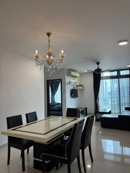 Dining features: 6-seater dining table with black chairs, chandelier with crystals, white and black table top, white painted walls, recessed ceiling lights, floor-to-ceiling windows, city skyline view, air conditioning unit, dark curtains, polished tile flooring; style: modern; view: city. Living features: black sectional sofa, TV console, wall-mounted TV, decorative cushions, open layout to dining area; style: modern; view: city.