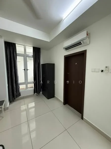 Room features: white painted walls, glossy tile flooring, ceiling with recessed lighting, wall-mounted split AC, floor-to-ceiling windows, blackout curtains, main entrance door, intercom panel, built-in wardrobe, light switch; style: modern.