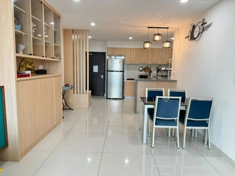 Dining features: white walls, light wood cabinetry, open shelving, stainless-steel fridge, 4-seater dining table with upholstered chairs, ceramic tile flooring, recessed downlights, pendant lighting, kitchen area with countertop, wall-mounted cabinets; style: modern. Kitchen features: stainless-steel fridge, kitchen countertop, light wood cabinetry, ceramic tile flooring, recessed downlights; style: modern.
