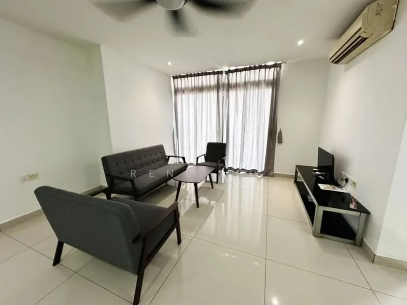 Living features: grey fabric 3-seater sofa, 2 black armchairs, wooden coffee table, TV console, wall-mounted TV, floor-to-ceiling windows, sheer curtains, white painted walls, polished tile flooring, 1 wall-mounted split AC, ceiling fan with light; style: modern.