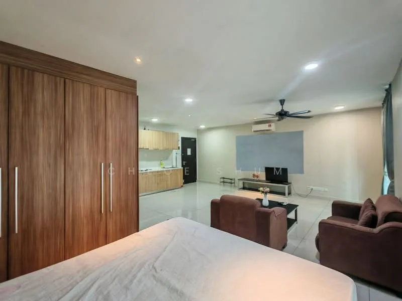 Room features: wooden wardrobe with sliding doors, 2-seater fabric sofa in brown, coffee table, wall-mounted TV, ceiling fan with light, recessed downlights, tile flooring, air conditioning unit, open kitchen area with cabinetry, kitchen countertop, neutral wall color; style: modern.