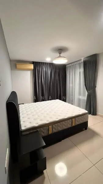 Bedroom features: queen-size bed, upholstered headboard, nightstand, floor-to-ceiling windows, blackout curtains, sheer curtains, wall-mounted air conditioning unit, recessed ceiling light, light-colored tiled flooring, grey painted walls; style: modern.