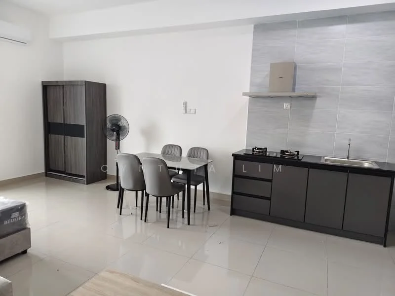 Living features: grey sofa, 4-seater dining table, black dining chairs, kitchen cabinet with countertop, stainless-steel sink, 2-burner gas hob, exhaust hood, grey tiled backsplash, white walls, floor tiles, wall-mounted air conditioning unit, standing fan, wooden storage cabinet; style: modern.