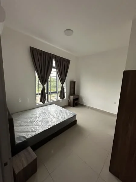 Bedroom features: queen-size bed frame without mattress, floor-to-ceiling window, sheer curtains, light grey painted walls, tile flooring, ceiling light fixture, wooden bedside table, wooden dresser, built-in wardrobe; style: minimalist; view: garden.