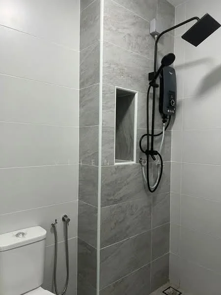 Bathroom features: white tiled walls, grey marble accent wall, walk-in shower with glass enclosure, rain shower head, handheld shower, toilet, bidet spray, built-in niche for toiletries, chrome shower mixer, floor drain; style: modern.