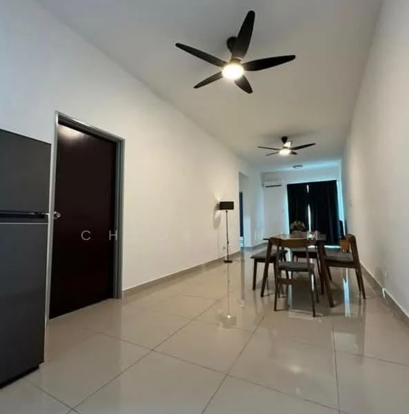 Room features: white painted walls, polished ceramic tile flooring, 2 ceiling fans, dining table with chairs, black refrigerator, floor lamp, curtains, air conditioning unit; style: modern.