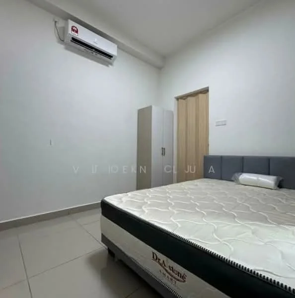 Bedroom features: white painted walls, tile flooring, 1 wall-mounted split AC, queen-size bed, upholstered headboard, built-in wardrobe with sliding doors, door to hallway, window with no visible treatment; style: modern.
