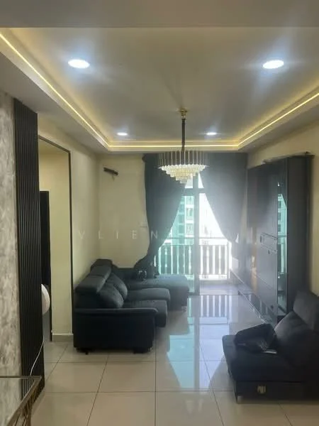 Living features: black leather sectional sofa, black 2-seater sofa, chandelier with crystals, recessed LED downlights, white painted walls, glossy tile flooring, floor-to-ceiling windows with sheer curtains, decorative wall paneling, TV console, balcony access; style: modern; view: city.