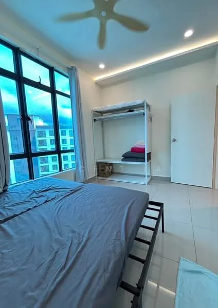Bedroom features: queen-size bed with grey bedding, floor-to-ceiling windows, white sheer curtains, light grey walls, recessed ceiling lights, ceiling fan, open shelving unit, tile flooring; style: modern; view: city.
