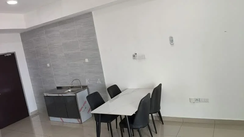 Dining features: white painted walls, grey tiled accent wall, marble dining table, 4 black dining chairs, ceramic tile flooring, kitchenette with sink, dark cabinetry, stainless-steel sink; style: modern.