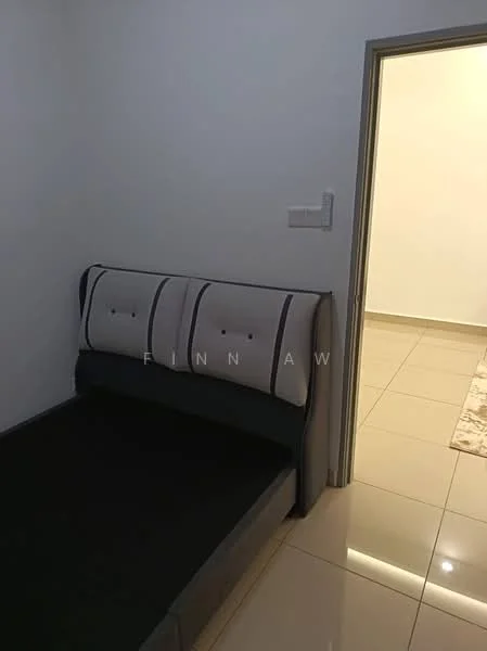 Room features: grey upholstered bed frame, white walls, glossy tile flooring, doorway leading to another room, minimalist decor; style: modern.