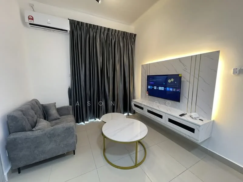 Living features: grey fabric 2-seater sofa, round marble coffee table with gold base, wall-mounted TV, white TV console with built-in storage, recessed LED lighting, floor-to-ceiling curtains in dark grey, air conditioning unit on wall, glossy tile flooring; style: modern.