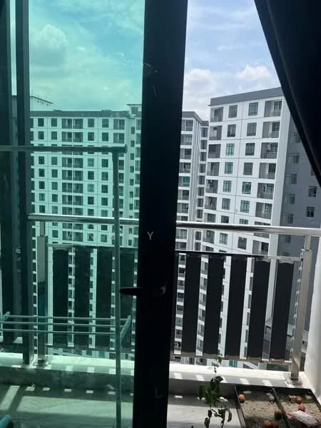 Room features: glass sliding door, balcony with railing, city view, curtains, concrete flooring; view: city.