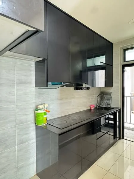 Kitchen features: black high-gloss cabinetry, grey tiled backsplash, black countertop, built-in stove with two burners, stainless-steel range hood, double-basin sink, window above sink, tile flooring, open shelving, kitchen utensils on countertop; style: modern.
