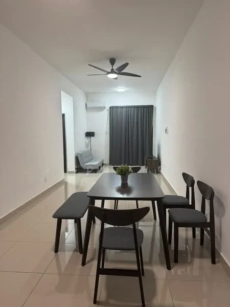 Dining features: rectangular dining table with black surface, 4 dining chairs with grey upholstery, 2 bench seats with grey upholstery, white painted walls, polished ceramic tile flooring, 5-blade ceiling fan with light, wall-mounted air conditioning unit, floor-to-ceiling grey curtains, decorative plant on the table, light source from ceiling fan; style: modern.
