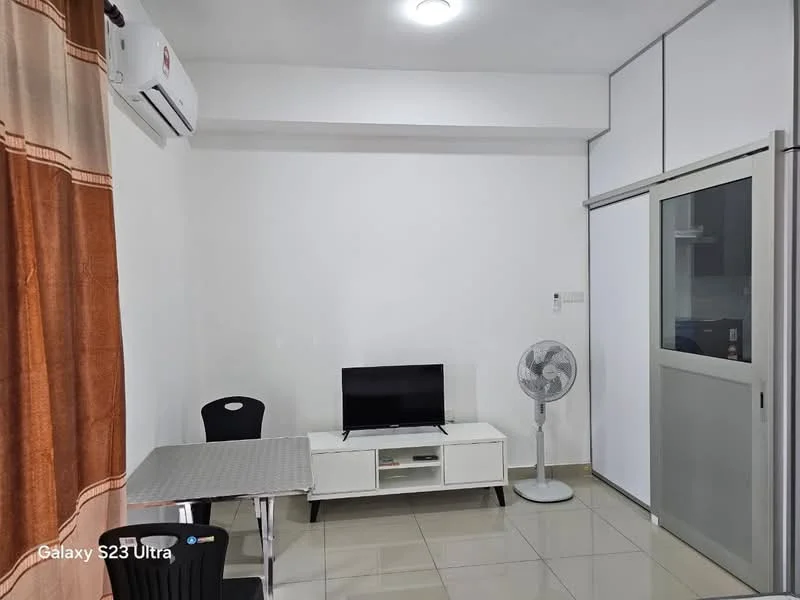 Living features: wall-mounted TV, white TV console, grey tiled flooring, 1 wall-mounted split AC, ceiling light, glass sliding door, decorative curtain, folding dining table, black dining chair, standing fan; style: modern.